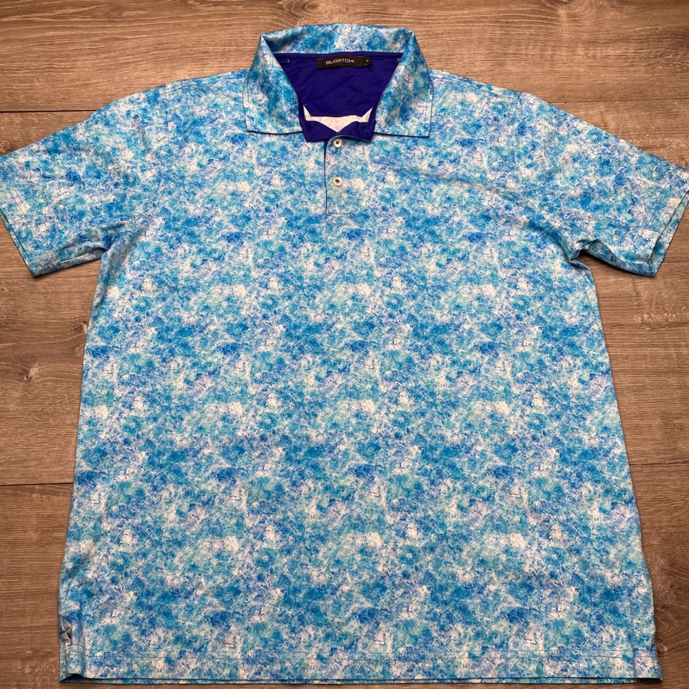 Bugatchi Shirt Polo Mens Large Blue White Abstract Marble Print Short Sleeve L